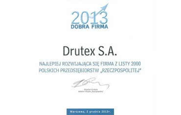 Tytuł "Dobra Firma 2013" dla firmy Drutex