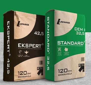 Cement Standard - CEM II/C-M (V-LL) 32,5 R; Cement Ekspert® - CEM II/B-V 42,5 R - HSR/NA lub CEM II/B-V 42,5 R. fot. Lafarge Cement SA Cement Standard - CEM II/C-M (V-LL) 32,5 R; Cement Ekspert® - CEM II/B-V 42,5 R - HSR/NA lub CEM II/B-V 42,5 R. fot. Lafarge Cement SA